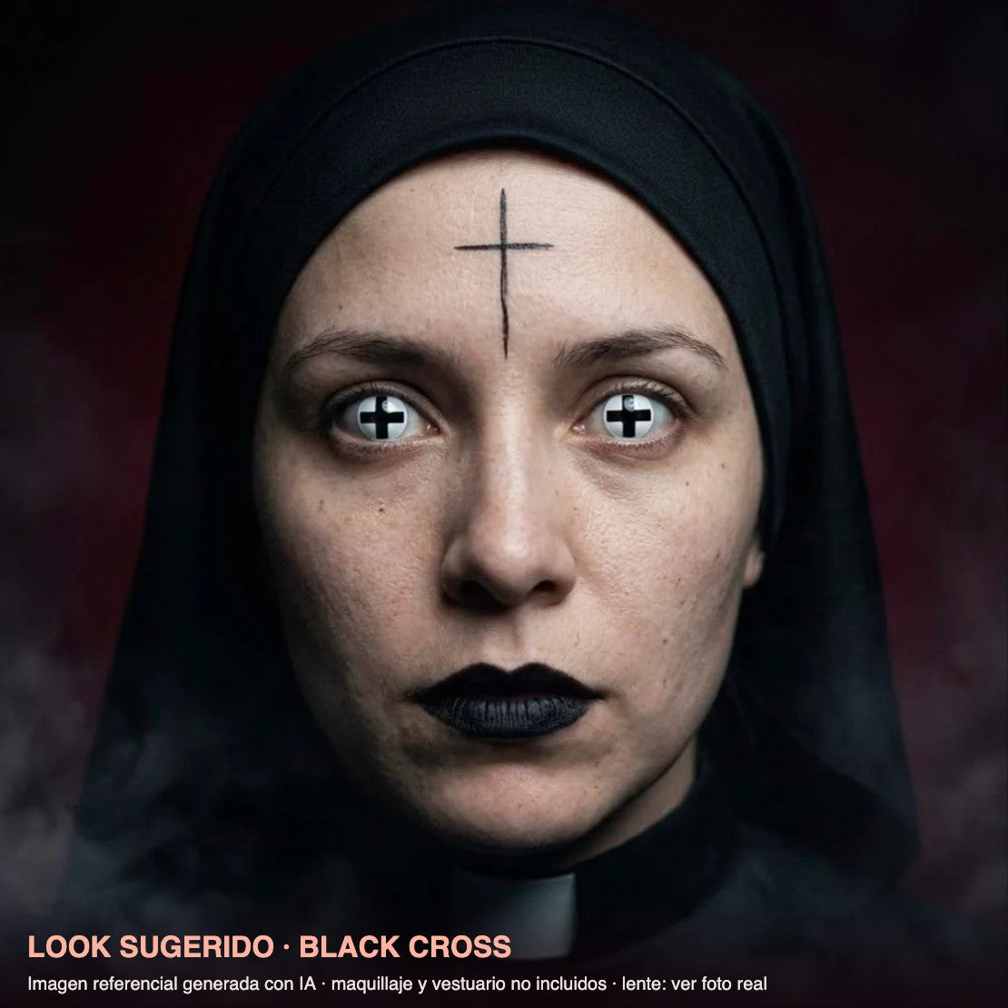 Look sugerido BLACK CROSS — imagen referencial generada con IA, maquillaje no incluido