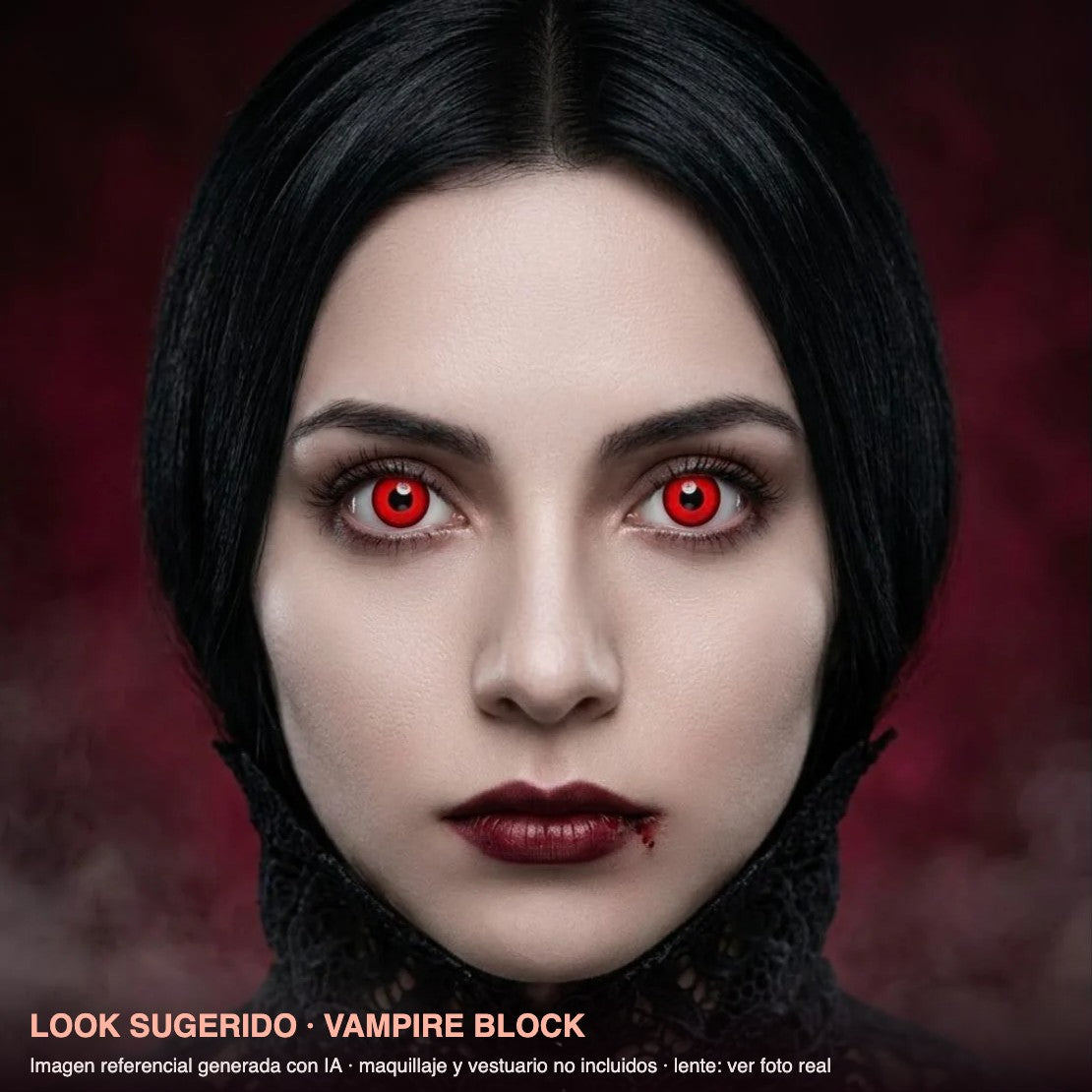Look sugerido VAMPIRE BLOCK — imagen referencial generada con IA, maquillaje no incluido
