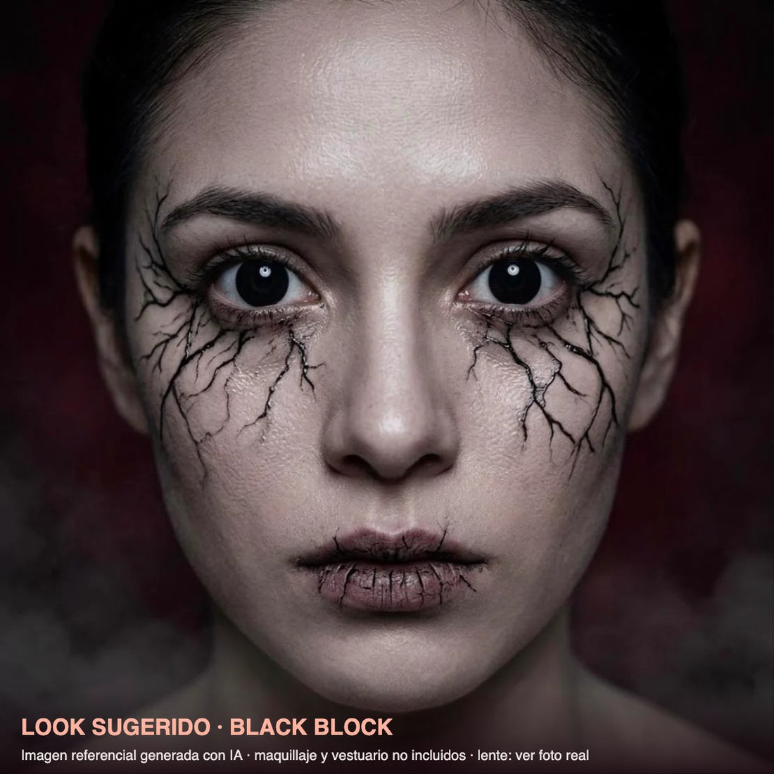 Look sugerido BLACK BLOCK — imagen referencial generada con IA, maquillaje no incluido