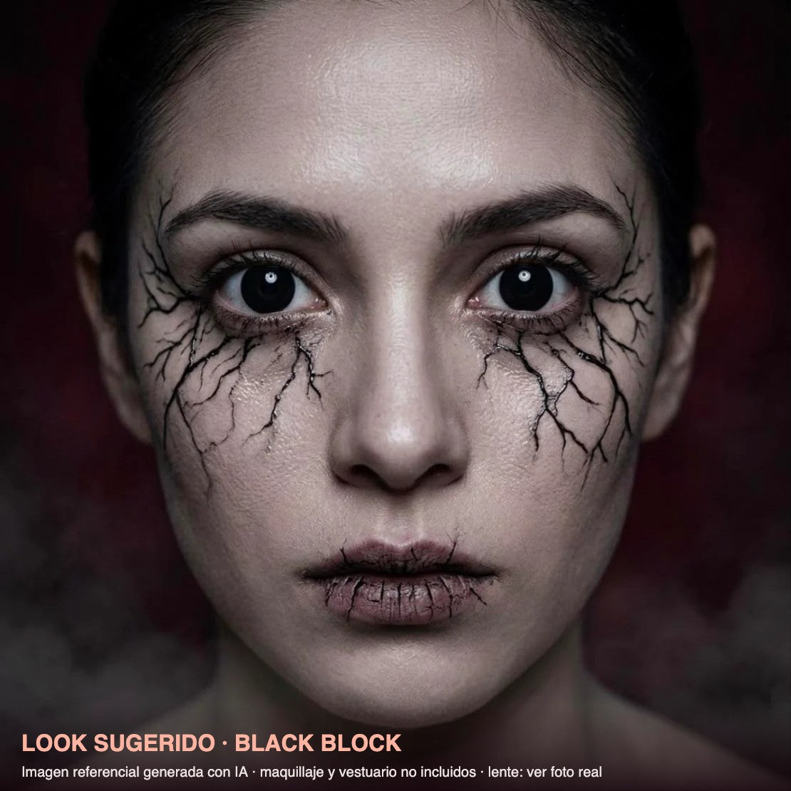 Look sugerido BLACK BLOCK — imagen referencial generada con IA, maquillaje no incluido