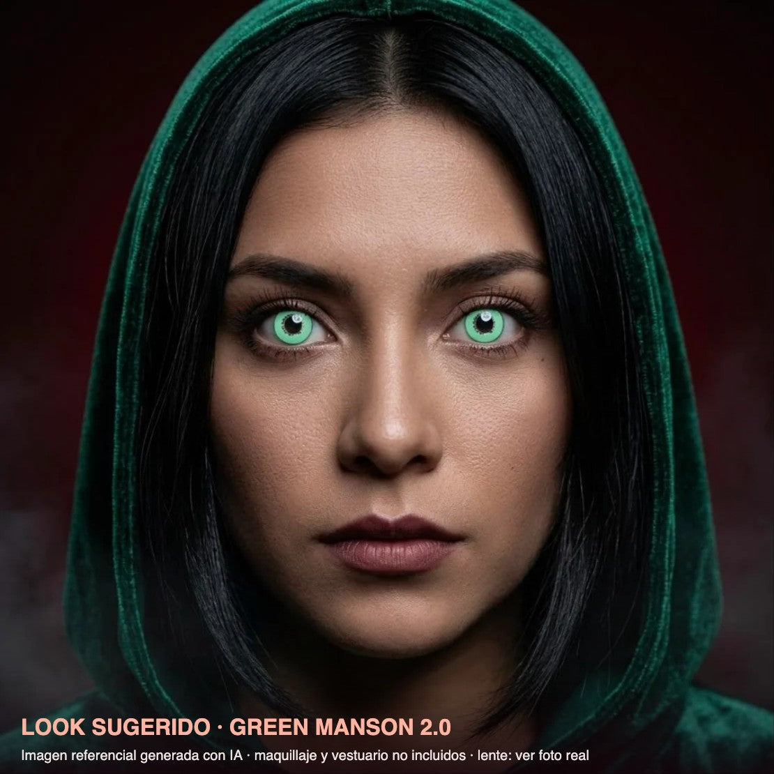 Look sugerido GREEN MANSON 2.0 — imagen referencial generada con IA, maquillaje no incluido