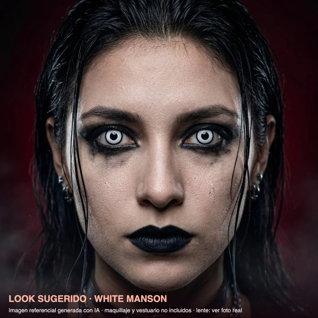 Look sugerido WHITE MANSON — imagen referencial generada con IA, maquillaje no incluido