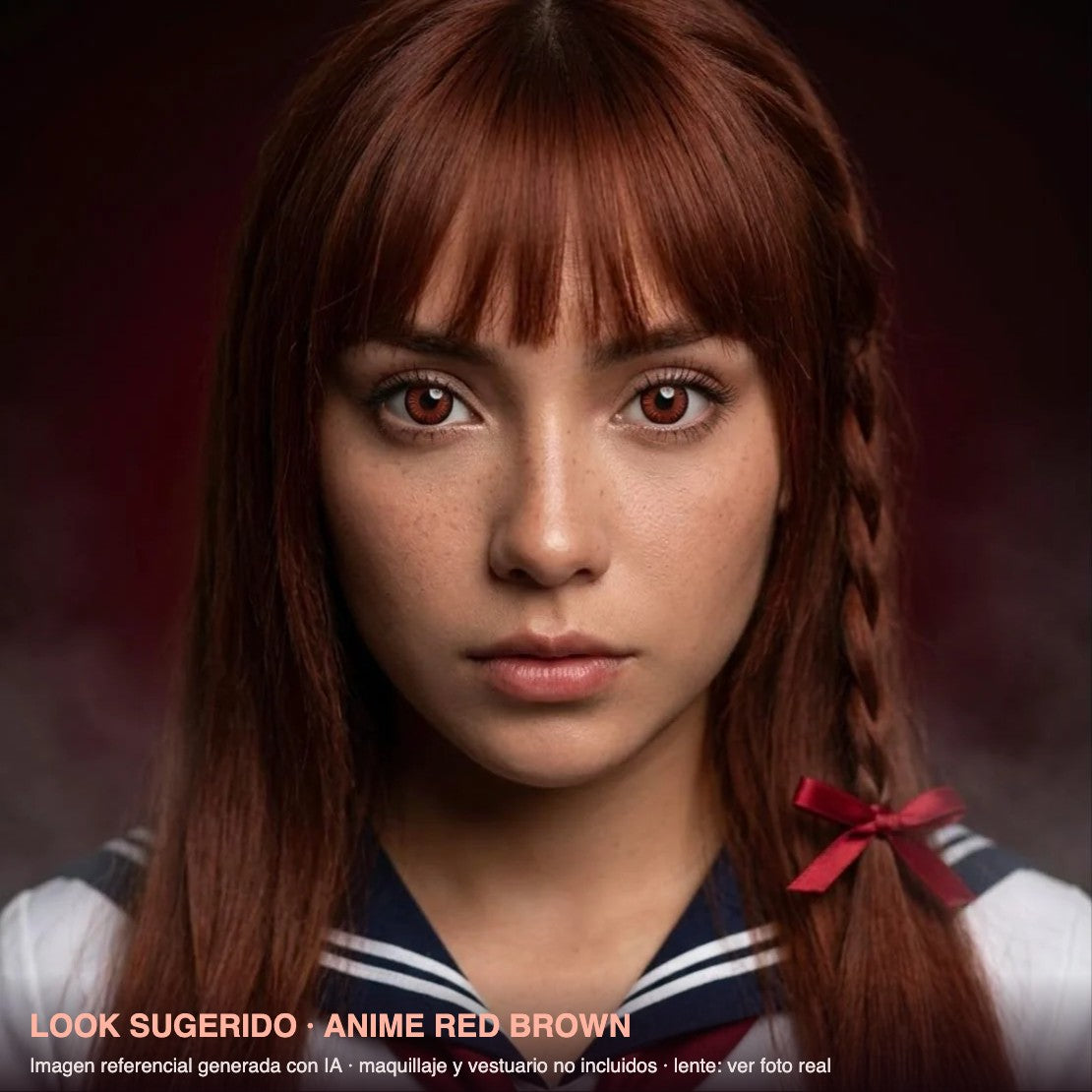 Look sugerido ANIME RED BROWN — imagen referencial generada con IA, maquillaje no incluido