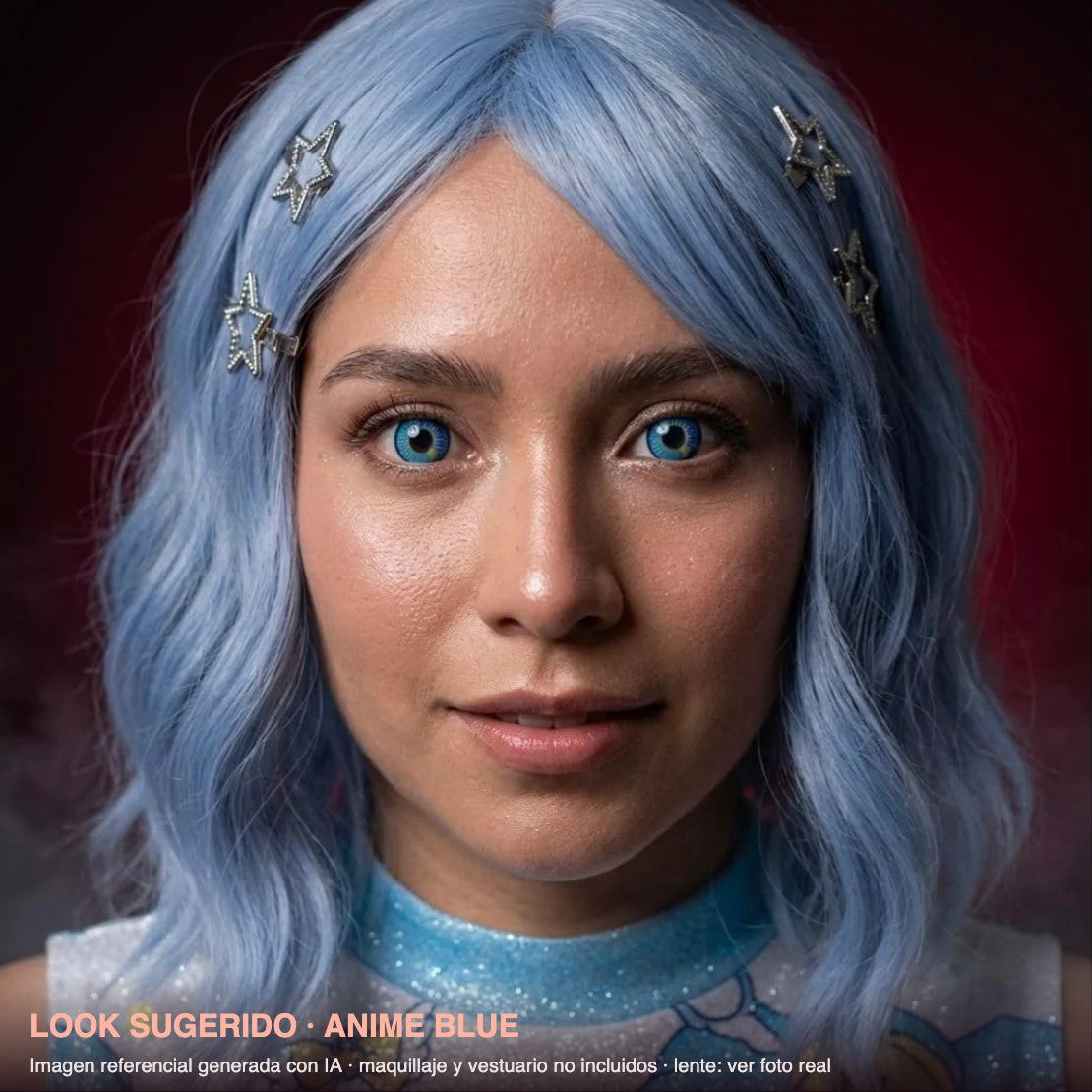 Look sugerido ANIME BLUE — imagen referencial generada con IA, maquillaje no incluido