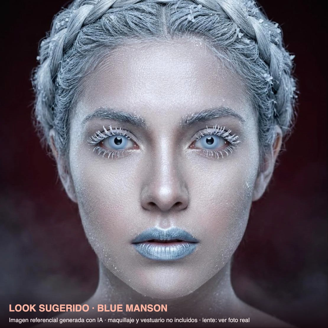 Look sugerido BLUE MANSON — imagen referencial generada con IA, maquillaje no incluido