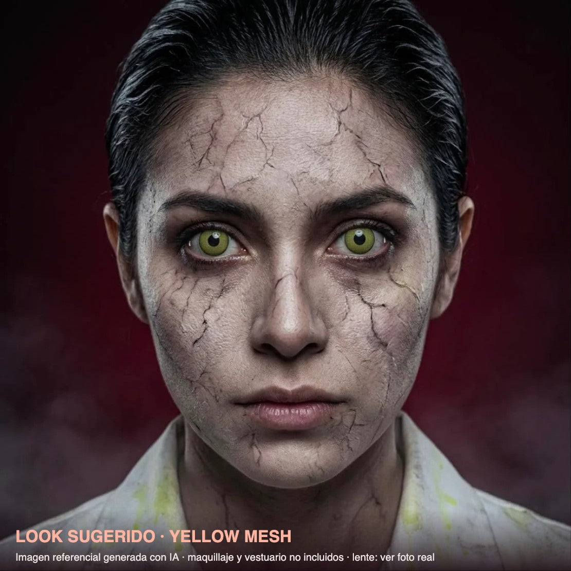 Look sugerido YELLOW MESH — imagen referencial generada con IA, maquillaje no incluido
