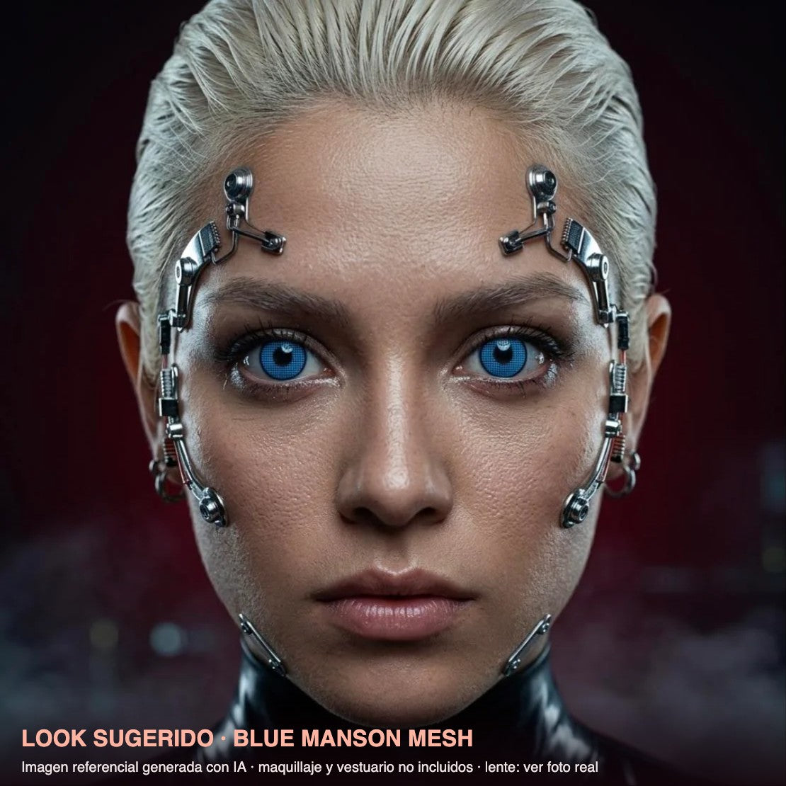 Look sugerido BLUE MANSON MESH — imagen referencial generada con IA, maquillaje no incluido