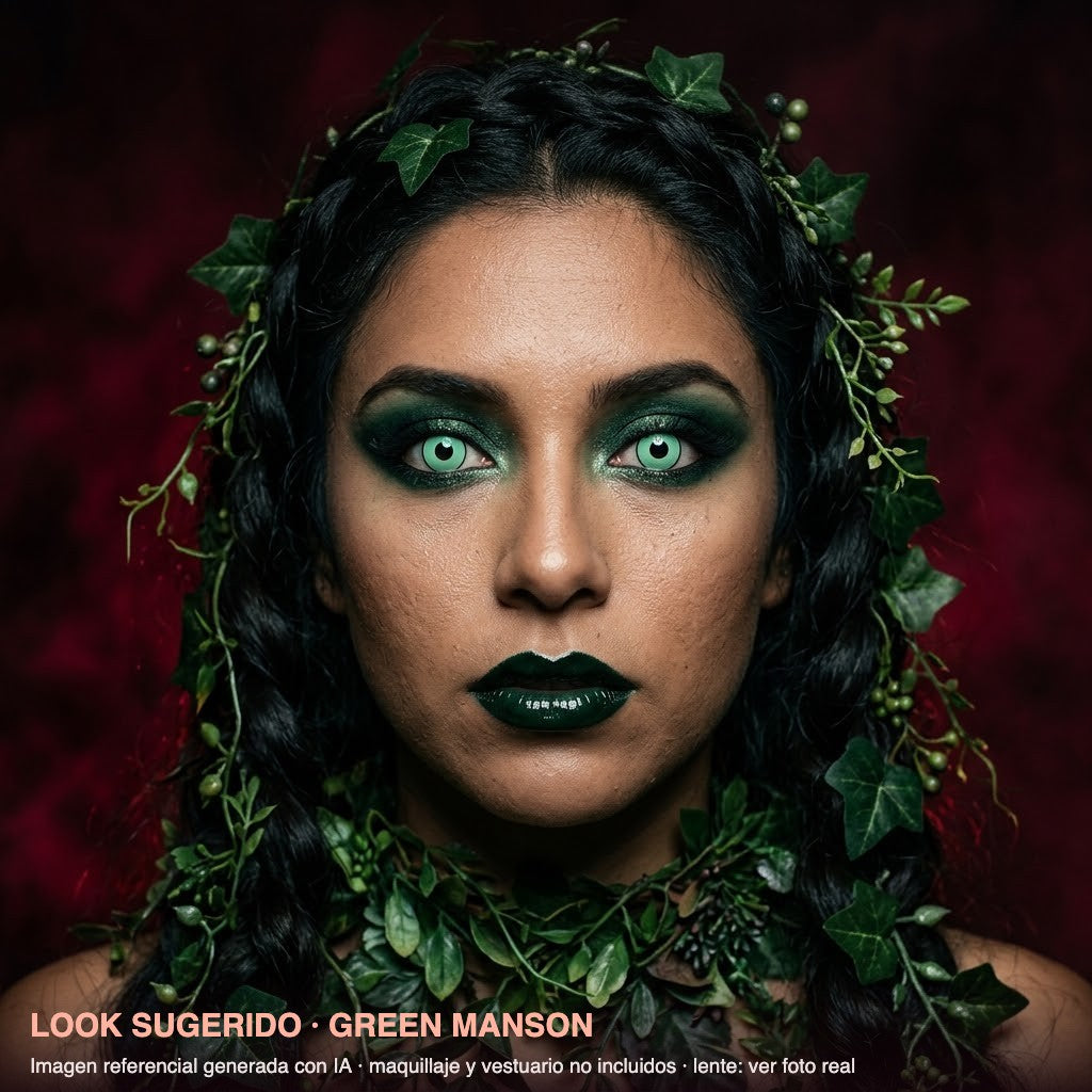 Look sugerido GREEN MANSON — imagen referencial generada con IA, maquillaje no incluido