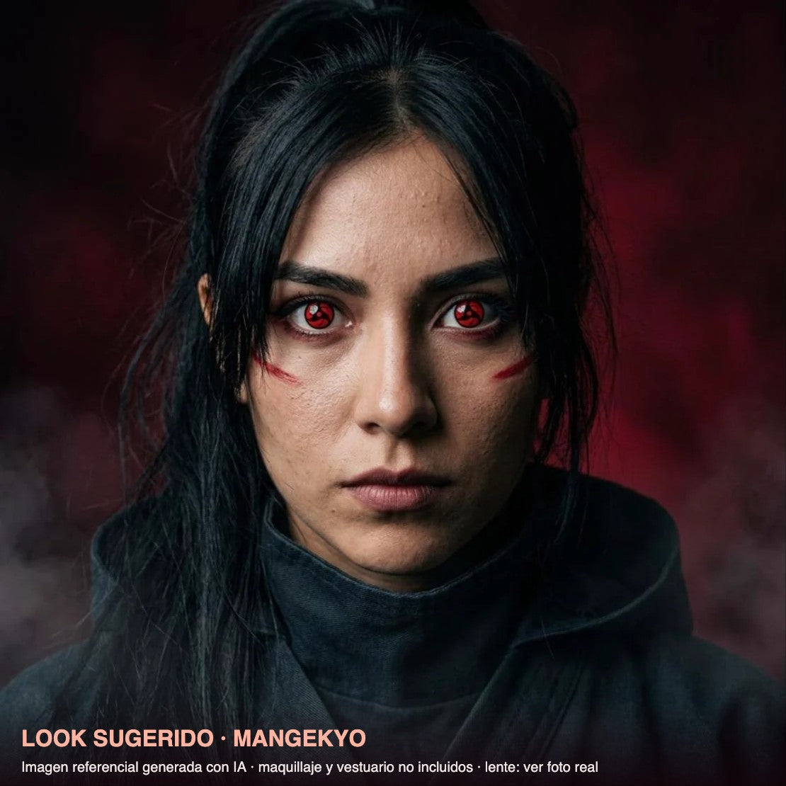 Look sugerido MANGEKYO — imagen referencial generada con IA, maquillaje no incluido