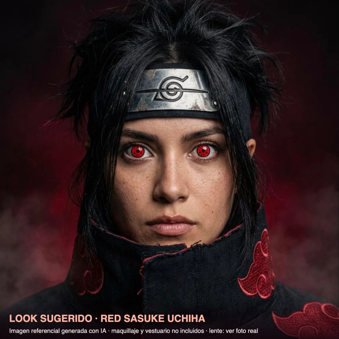Look sugerido RED SASUKE UCHIHA — imagen referencial generada con IA, maquillaje no incluido