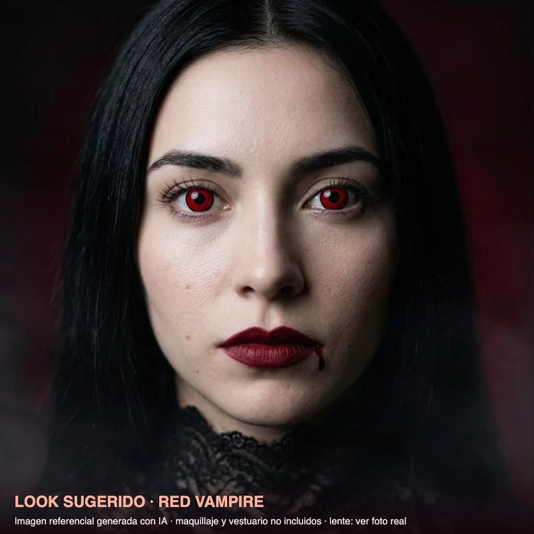 Look sugerido RED VAMPIRE — imagen referencial generada con IA, maquillaje no incluido