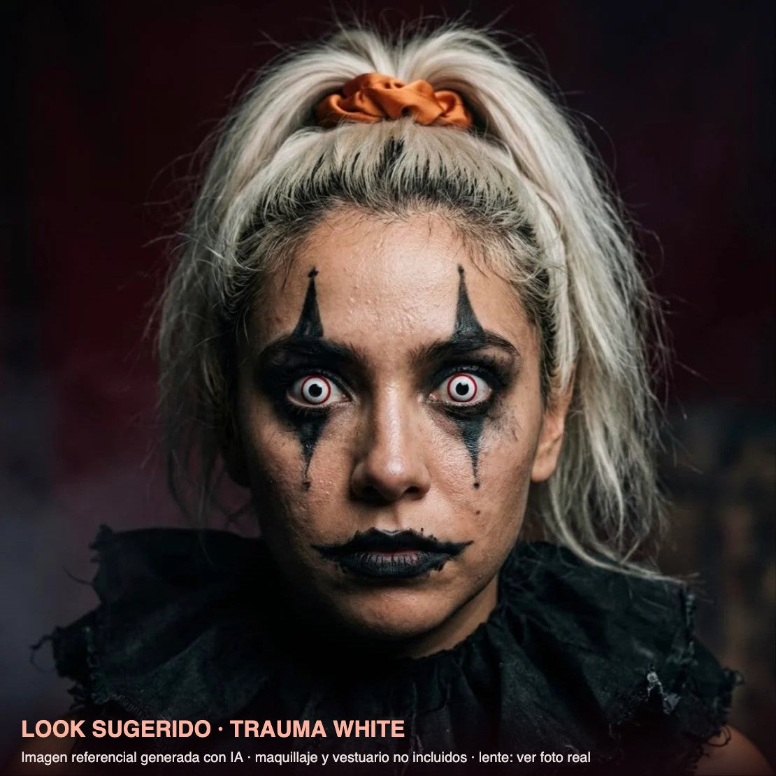 Look sugerido TRAUMA WHITE — imagen referencial generada con IA, maquillaje no incluido