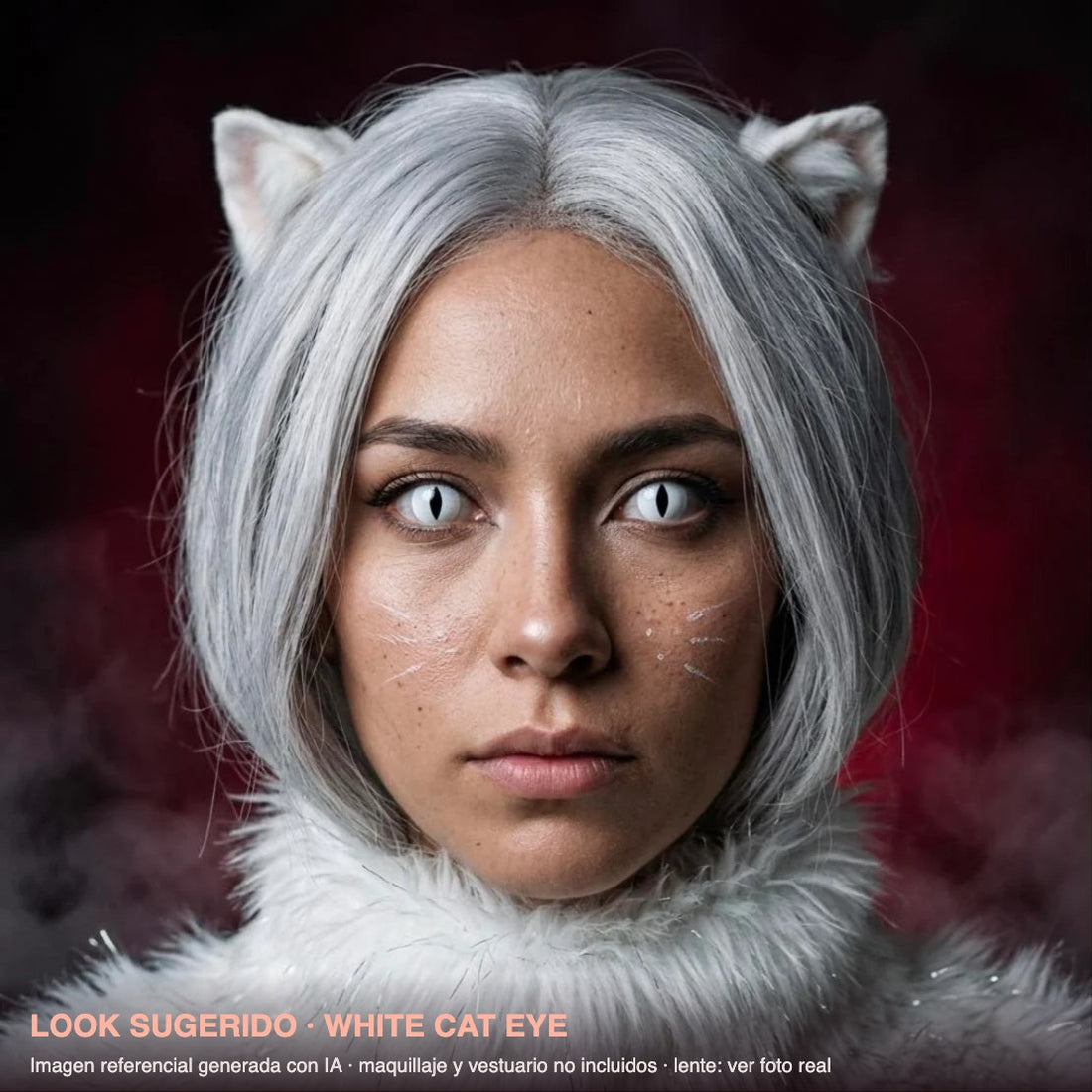 Look sugerido WHITE CAT EYE — imagen referencial generada con IA, maquillaje no incluido