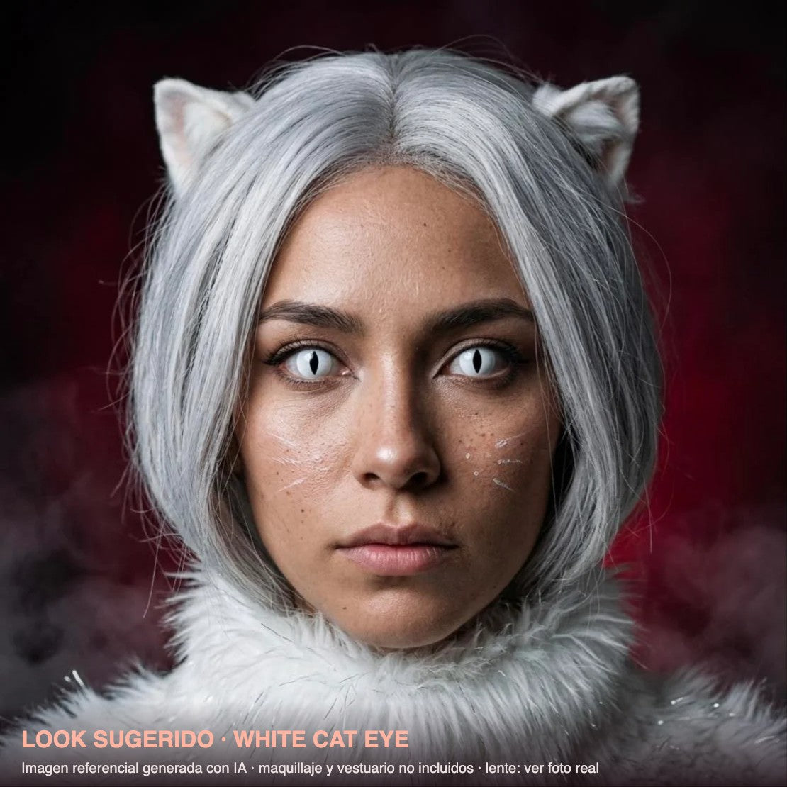 Look sugerido WHITE CAT EYE — imagen referencial generada con IA, maquillaje no incluido