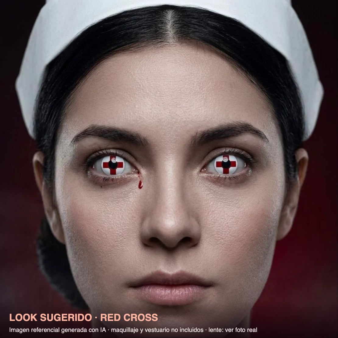 Look sugerido RED CROSS — imagen referencial generada con IA, maquillaje no incluido