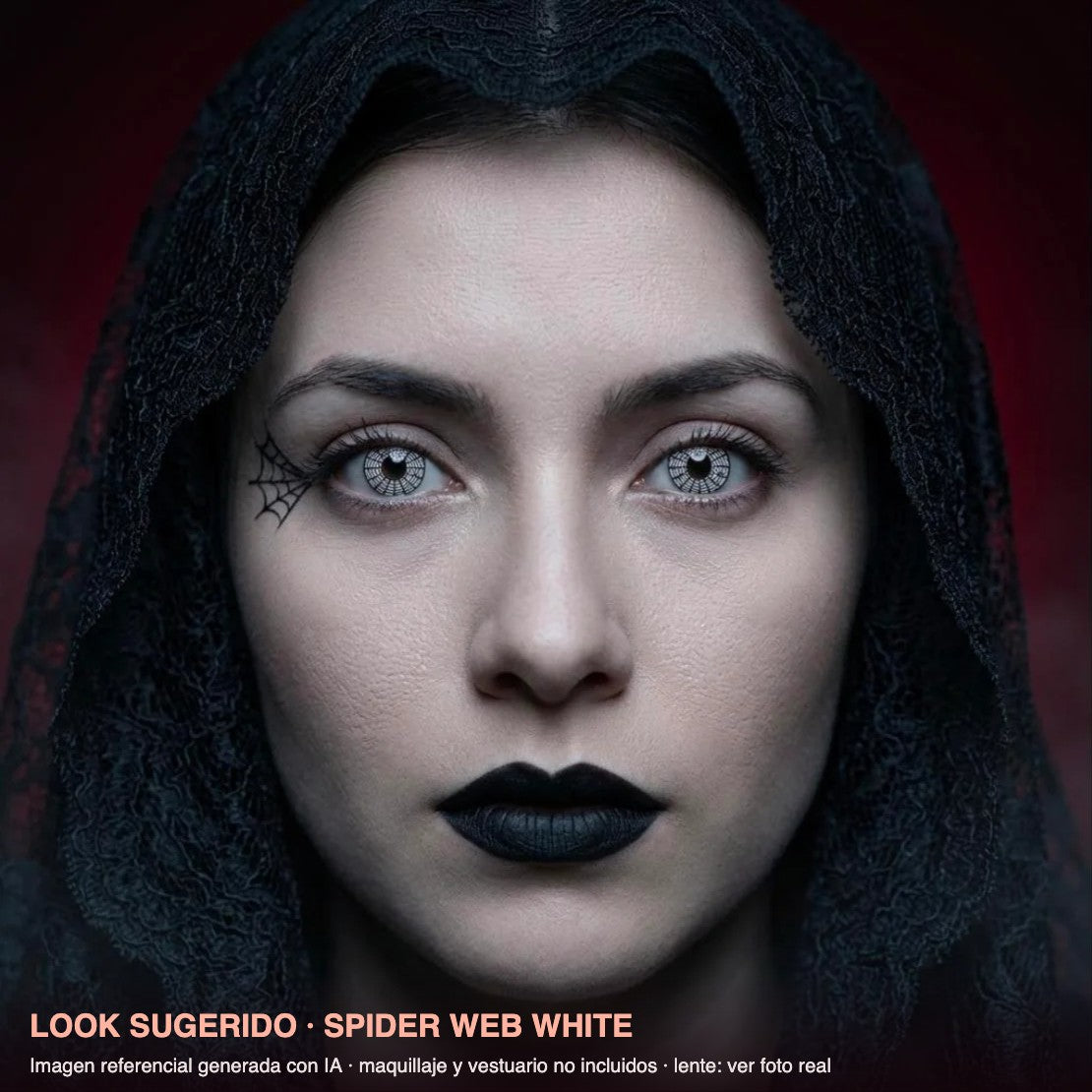 Look sugerido SPIDER WEB WHITE — imagen referencial generada con IA, maquillaje no incluido