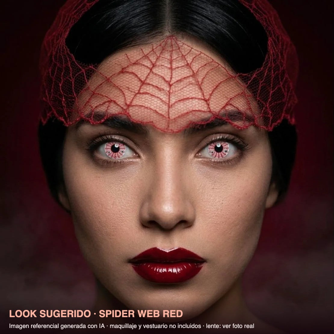 Look sugerido SPIDER WEB RED — imagen referencial generada con IA, maquillaje no incluido