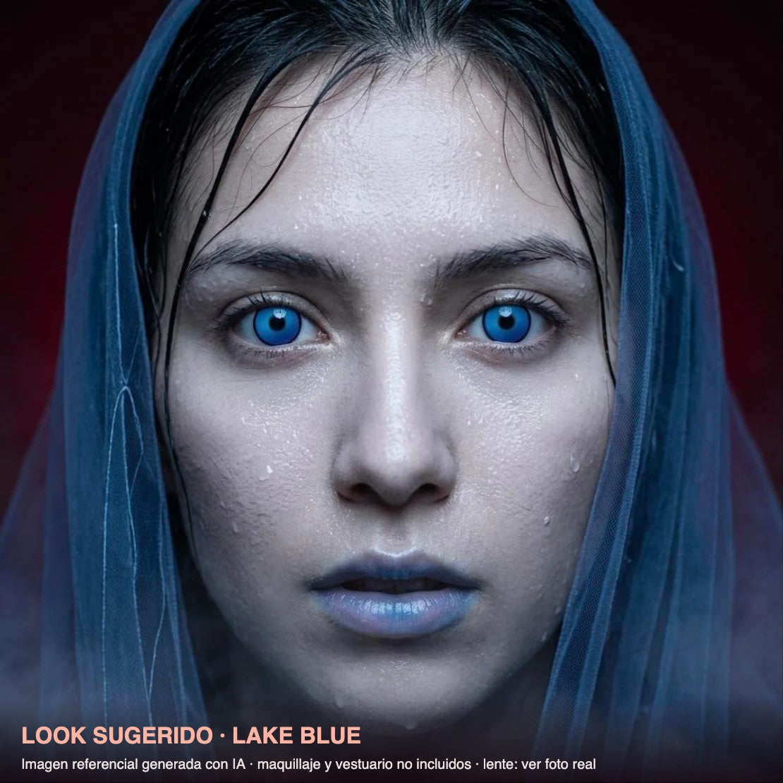 Look sugerido LAKE BLUE — imagen referencial generada con IA, maquillaje no incluido