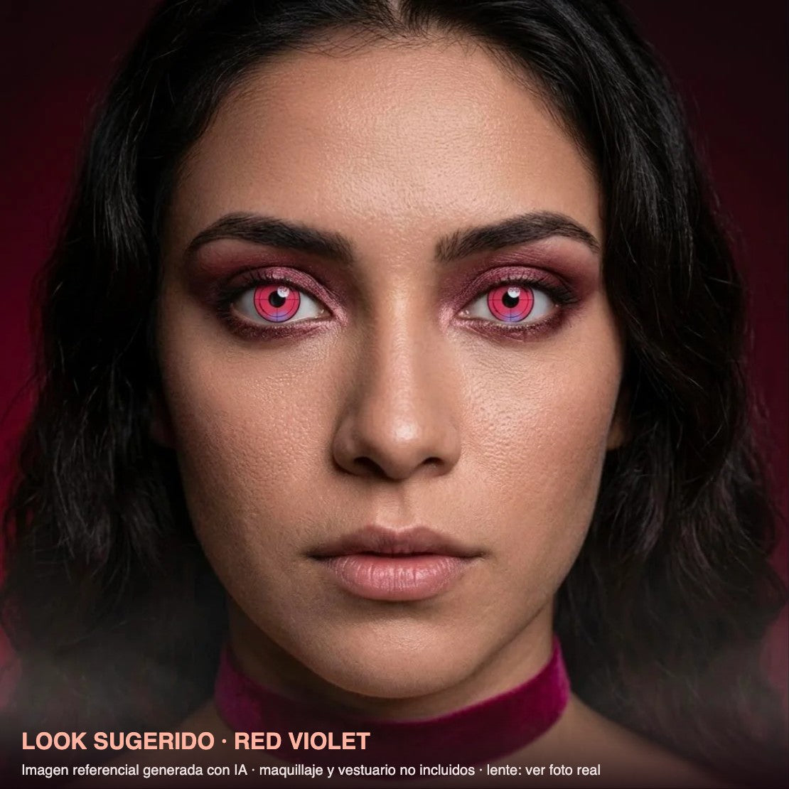 Look sugerido RED VIOLET — imagen referencial generada con IA, maquillaje no incluido