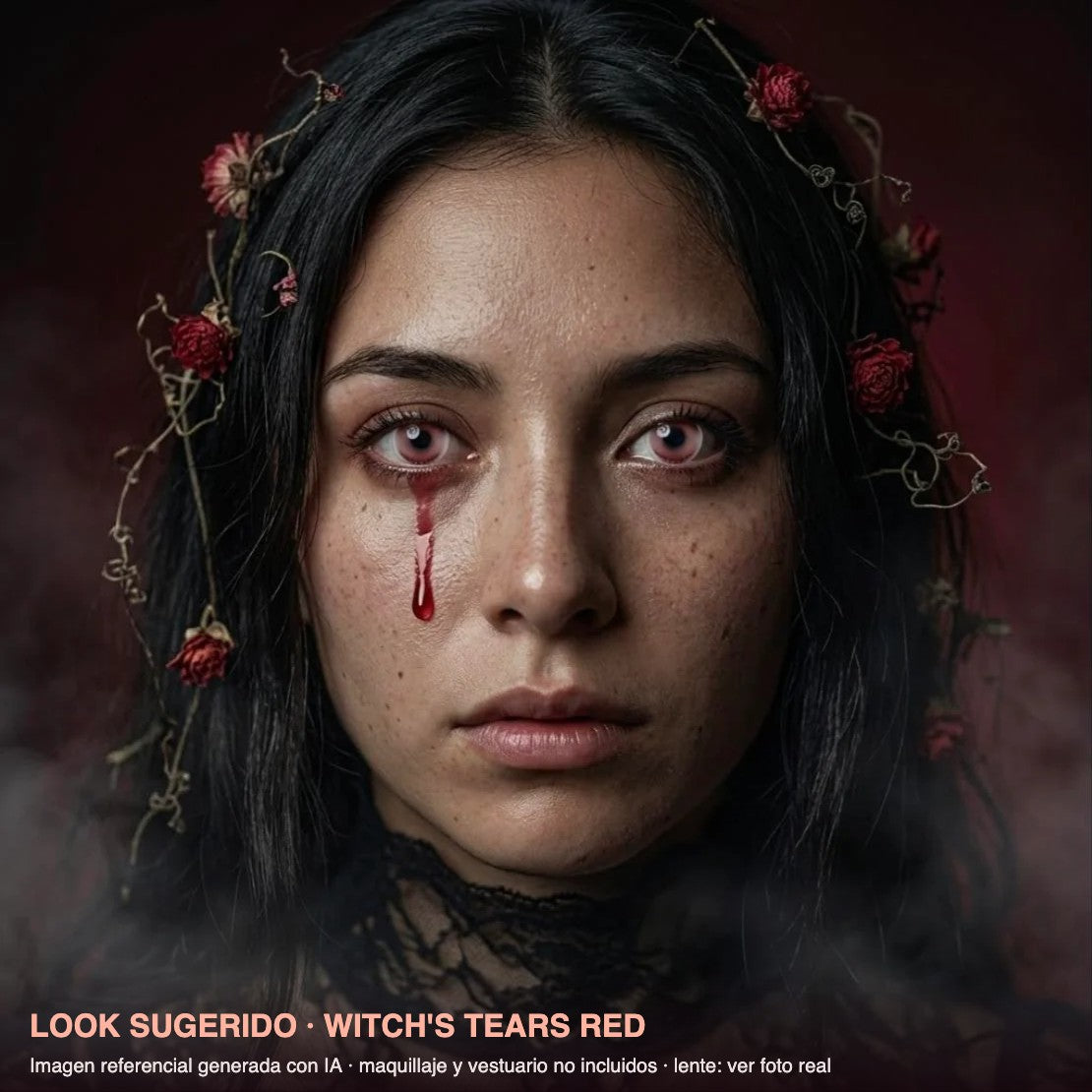 Look sugerido WITCH'S TEARS RED — imagen referencial generada con IA, maquillaje no incluido